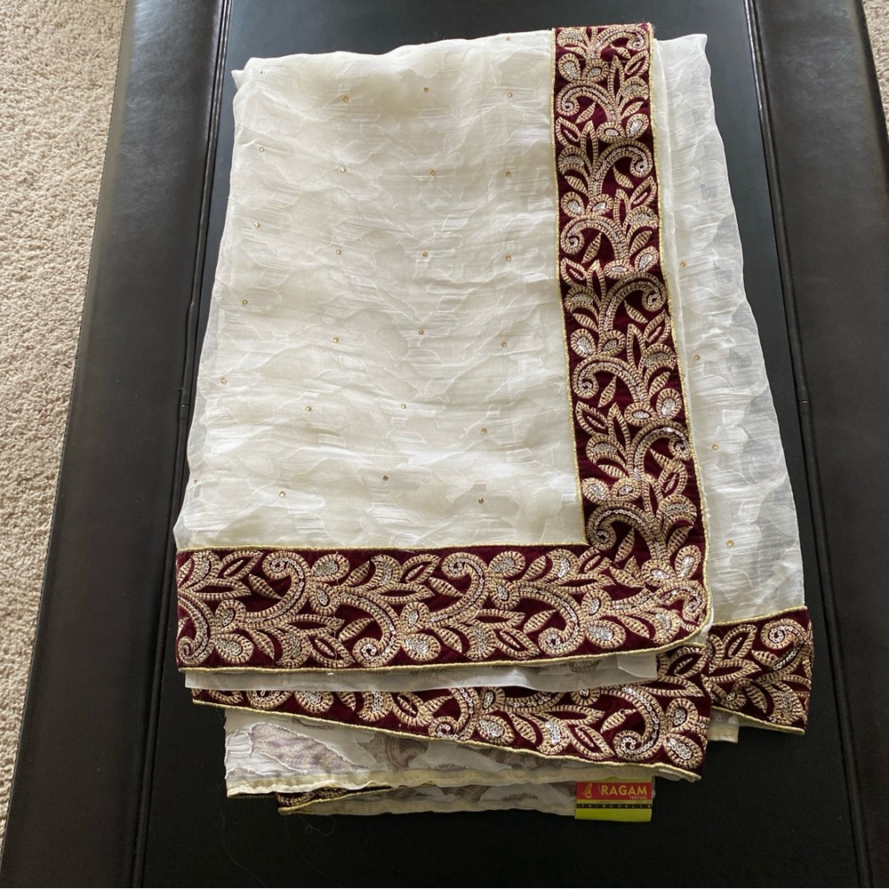 Ethnic Indian Wear White Dress with Maroon and Gold Embroidery